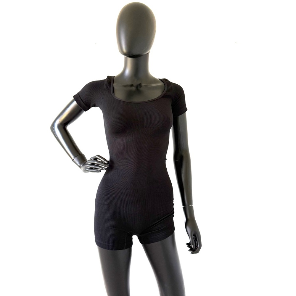Workout Ribbed Jumpsuit Short Sleeve Seamless Romper Sport Pants Onepiece Overal